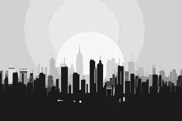 Black and white cityscape with rising sun