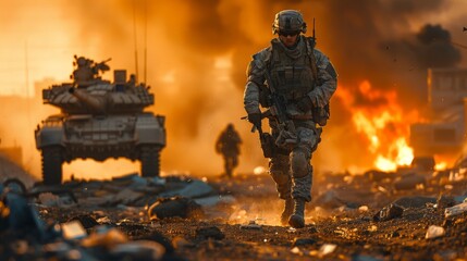 military combat, soldier, running with tanks and towards a warzone