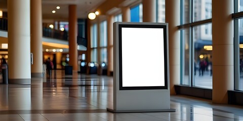 Urban Advertising: White Empty Blank Canvas Billboard Poster Screen in Shopping Mall Cityscape for Marketing, Branding, and Retail Promotion