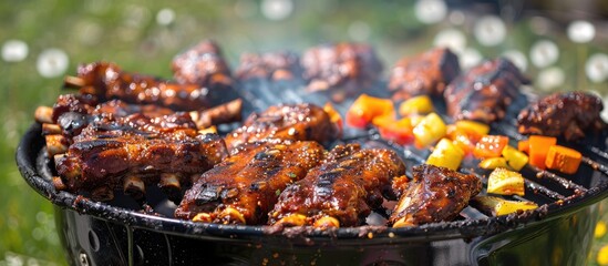 Spicy spare ribs, mixed vegetables, and chicken drumsticks cooking on a portable grill outside in a...