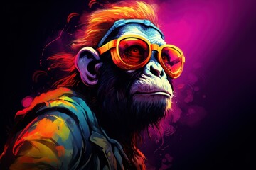Playful Neon monkey sad. Color character. Generate Ai