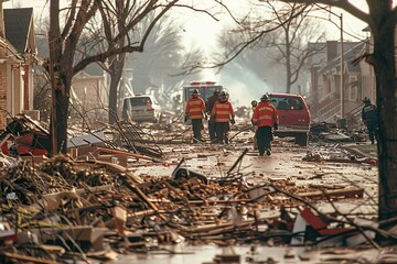 Emergency services navigate a debris-filled street following a disaster, underlining the stark reality of urban search and rescue operations