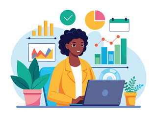 Young black professional woman with business analytics and office plants vector cartoon illustration.