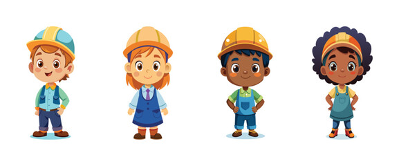 Cartoon kids wearing construction helmets, vector  illustration.