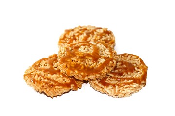 Put Foi Thong Dessert on the sack and old wooden in white background.