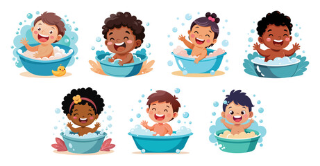 Cheerful babies enjoying bath time, vector cartoon illustration.