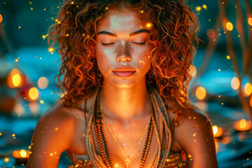 Meditative Woman Enclosed in a Haven of Serene Lights