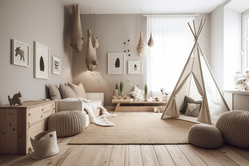 Cozy interior of children room in modern house in Scandi style.