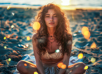 Enchanting Woman Seated on Sunlit Beach at Dusk