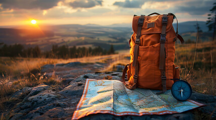 Backpack, map and compass on the background of the horizon. - obrazy, fototapety, plakaty