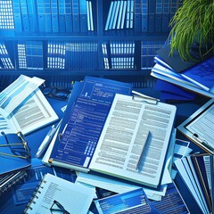 From above, a closeup view of a businessmans desk with strategic documents and personal items