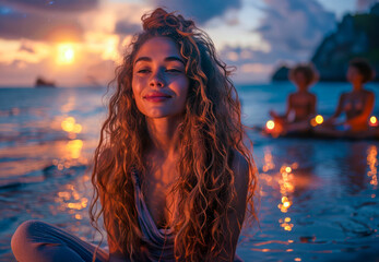 Curly-Haired Woman with Candlelit Yoga on Beach