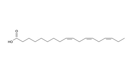 a-linolenic acid molecule, structural chemical formula, ball-and-stick model, isolated image omega-3 - obrazy, fototapety, plakaty