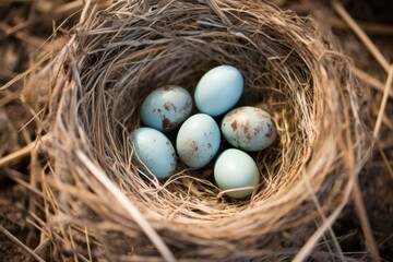 Naklejka na ściany i meble Tiny Nest bird eggs natural. Animal farm. Generate Ai