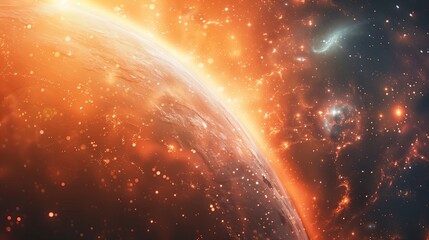 A vibrant outer space scene with a planet, stars, and nebulae.