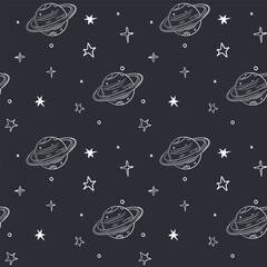 Monochrome seamless pattern with stars and planet. Space background. Space elements.