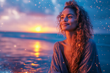 Serene Woman Enjoying Tropical Sunset Beach