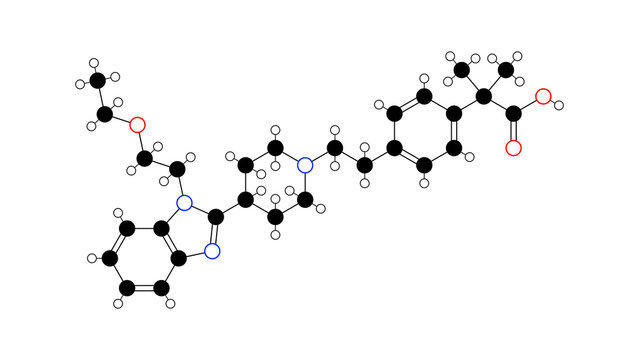 bilastine molecule, structural chemical formula, ball-and-stick model, isolated image antihistamine medication