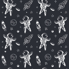 Monochrome seamless pattern with planets and astronaut. Space background. Space elements.