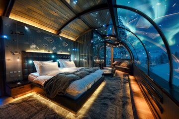 Luxurious Bedroom with Northern Lights View in Winter
