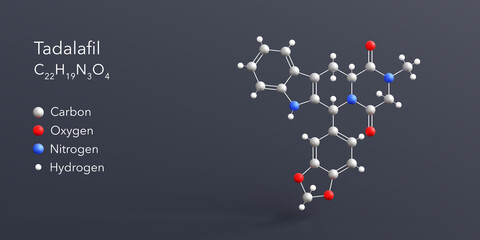 tadalafil molecule 3d rendering, flat molecular structure with chemical formula and atoms color coding