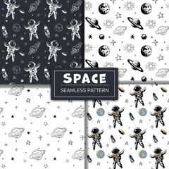 Set of monochrome space patterns. Seamless pattern with planets astronaut and stars. Space backgrounds.