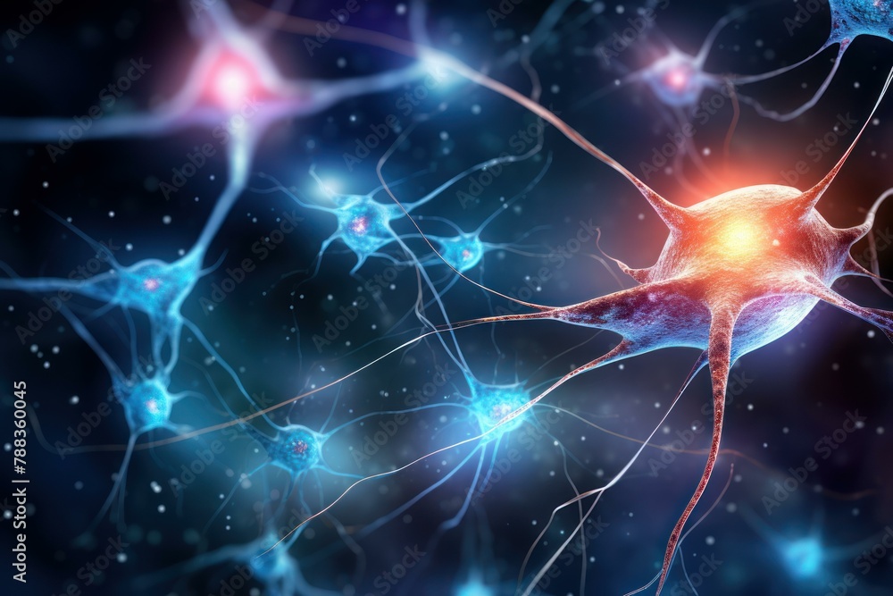 Poster vital single neuron synapses. axon brain cell impulse signal. generate ai