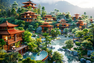 Pagoda-Style Resort Amidst Hot Springs and Greenery