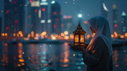 Muslim woman holding lantern at night in Dubai, UAE, creating beautiful atmospheric scene with...
