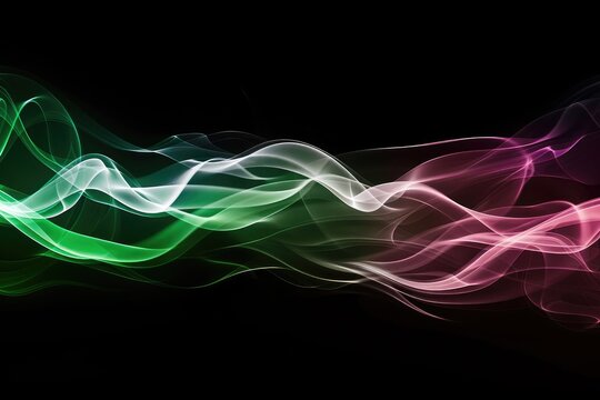 Background of green, white and pink wavy smoke on a black isolated ground.Abstract pattern of steam  vape,Abstract smoke wave, colorful mystical background. Colored smoke isolated on black background
