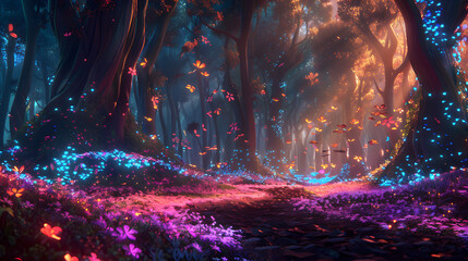 Digital Forest Alive With The Glow Of Bioluminescent Flora, Their Iridescent Leaves Casting Patterns Of Light And Shadow Upon The Forest Floor