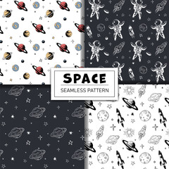 Set of monochrome space patterns. Seamless pattern with planets astronaut and stars. Space backgrounds.