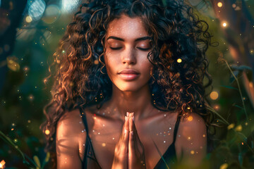 Curly-Haired Woman in Mystical Forest Meditation