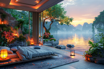 Zen-Inspired Bedroom with Sunrise Lake View