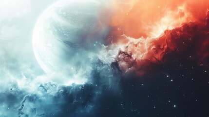 A vibrant outer space scene with a planet, stars, and nebulae. - obrazy, fototapety, plakaty