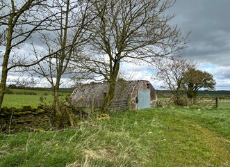 A weathered old shed with a corrugated metal roof stands amidst a rural landscape, next to bare trees, and a stone wall near, Steeton, Yorkshire, UK
