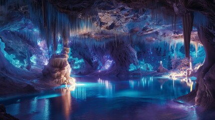 A mystical cavern illuminated by glowing crystals of every hue,  - obrazy, fototapety, plakaty
