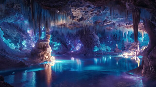 A mystical cavern illuminated by glowing crystals of every hue, 