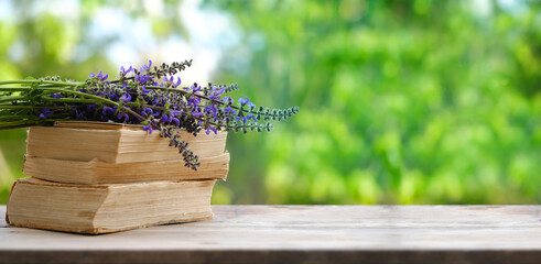 flowers on old books in garden, beautiful blurred green natural landscape background, Reading books...