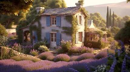 A cottage with a lavender exterior and a garden AI generated