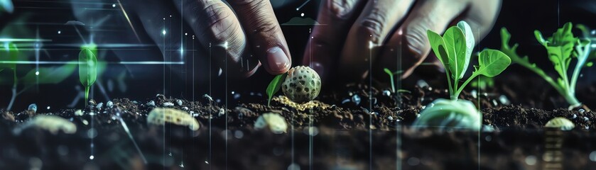 Hands planting seeds in fertile soil, promoting the growth of vegetables without chemicals, closeup
