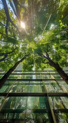 eco-friendly office with sustainable glass and trees to reduce carbon dioxide