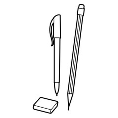 Back to school. Stationery, school, supplies set. Pen, pencil and eraser. Outline illustration, design elements