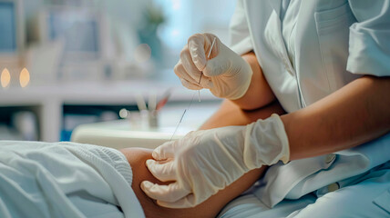 doctor's hands knee acupuncture procedure. selective focus. - obrazy, fototapety, plakaty