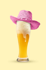 Poster. Contemporary art collage. Glass of foamy, cold light beer with festive pink party hat on...