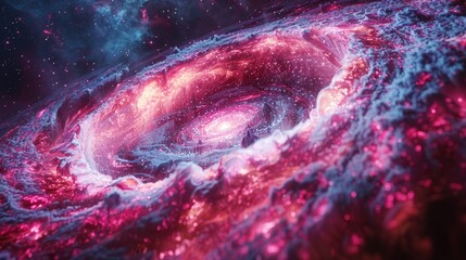 A beautiful painting of a spiral galaxy with a bright pink core and blue and purple arms. - obrazy, fototapety, plakaty