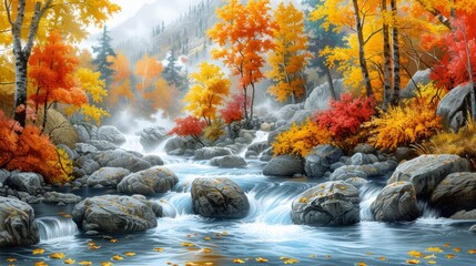 A beautiful painting of a river flowing through a forest in the fall. The trees are in full foliage and the leaves are a variety of colors, including red, orange, yellow, and green. The river is flowi - obrazy, fototapety, plakaty