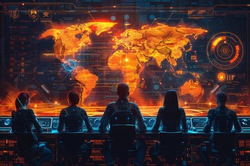 A group of people in a dark room are looking at a large screen that displays a map of the world. The people are wearing futuristic clothing and the room is filled with high-tech equipment.