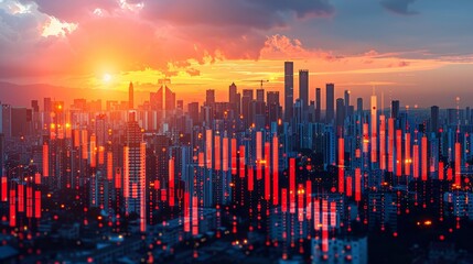 A photo of a city skyline with a red and orange sunset and red glowing skyscrapers.