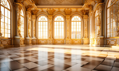 Opulent Neoclassical Ballroom: Golden Splendor of Versailles Grandeur - obrazy, fototapety, plakaty